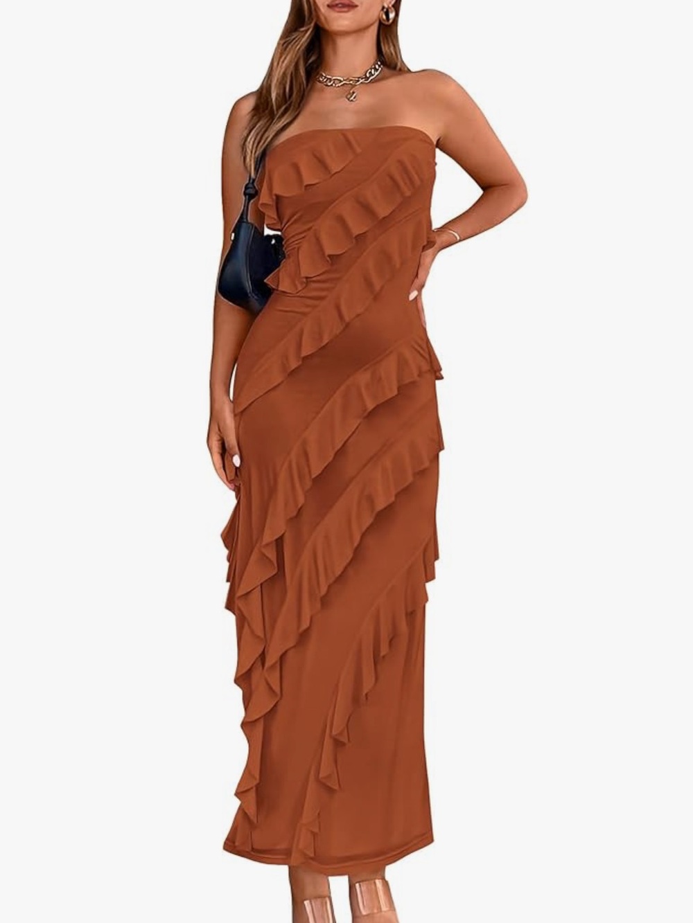 Strapless Ruffled Midi Bodycon Dress - Rust Orange